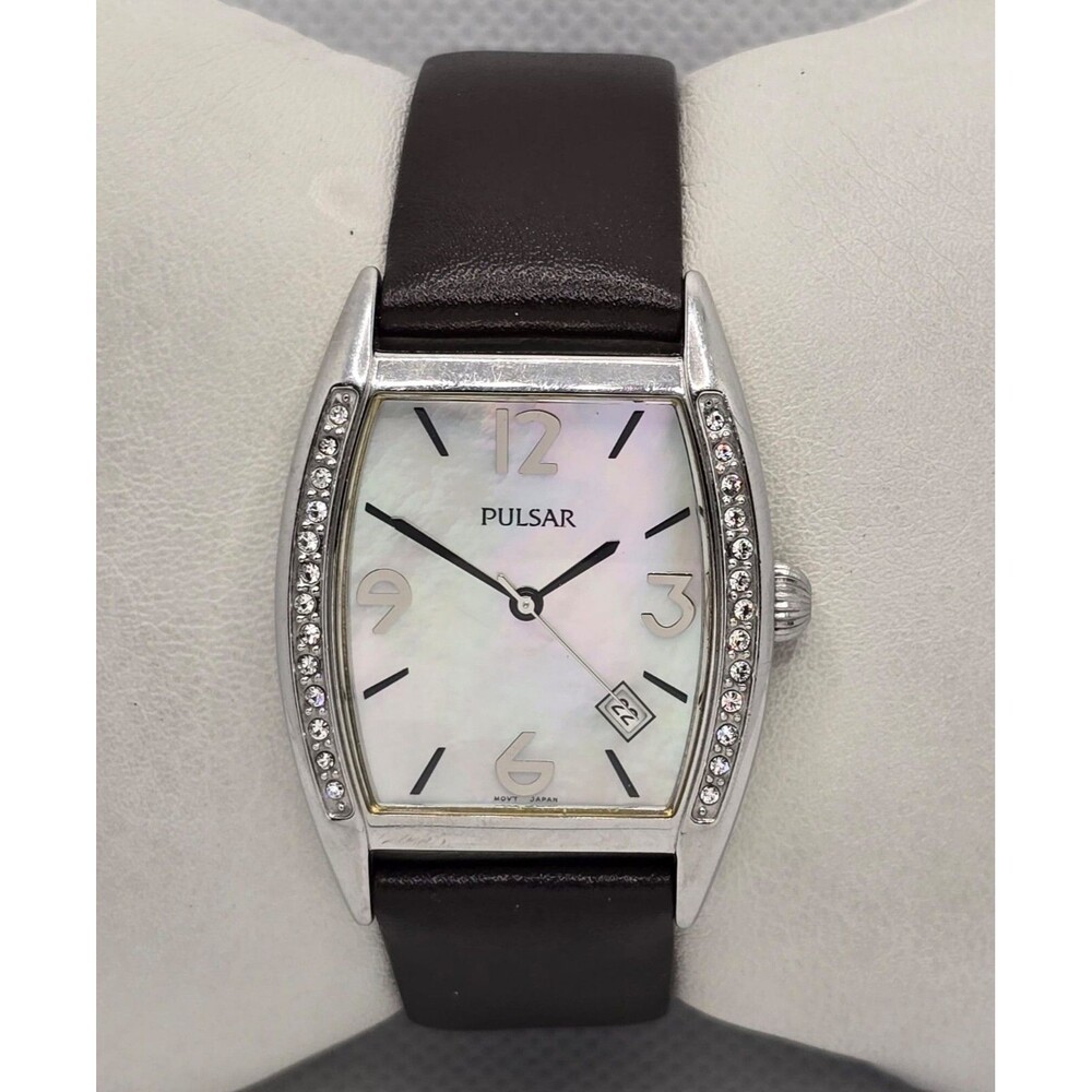 Woman's Pulsar Crystal Accented Silver Tone Case Black Leather Strap Watch 02